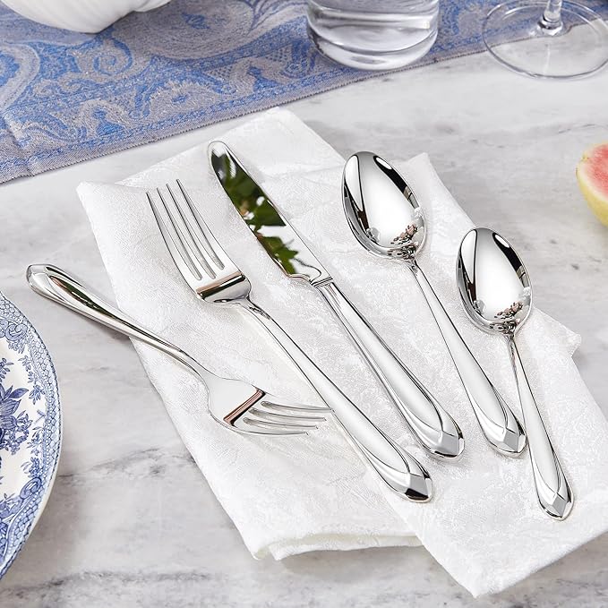 KEAWELL Premium Astra Flatware Set, 65-Piece for 12, Mirror-Finished 18/10 Stainless Steel Silverware, Modern Cutlery Dishwasher Safe for Meals and Gatherings (65, Silver)
