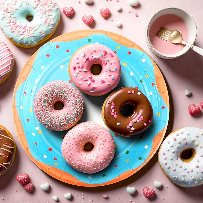 Huwena 200 Pcs Donut Paper Plates 7" Disposable Donut Party Plates Colorful Cute Serving Trays Snack Platter for Theme Birthday Assorted Designs Party Supplies