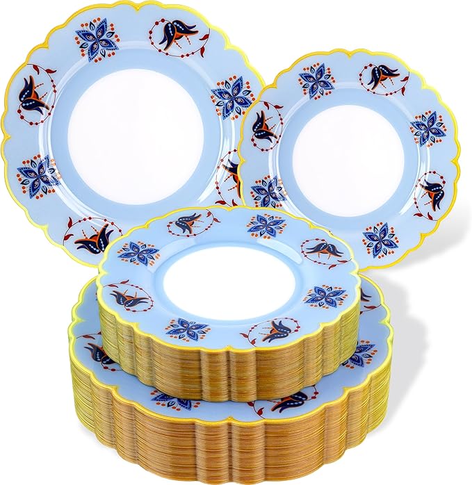 Morejoy 60Pcs Plastic Disposable Plates Set - Blue Plastic Plates Featuring Blue & Orange Floral Design With Gradient Gold Rim. Includes 30 Dinner Plates & 30 Dessert Plates, Perfect for Wedding,Party