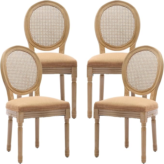 Vintage French Rattan Dining Chairs Set of 4, Round Back Accent Chairs with Rattan Backrest and Upholstered Linen Seat, Solid Wood Frame Sillas de Comedor for Dining Room & Kitchen, Camel