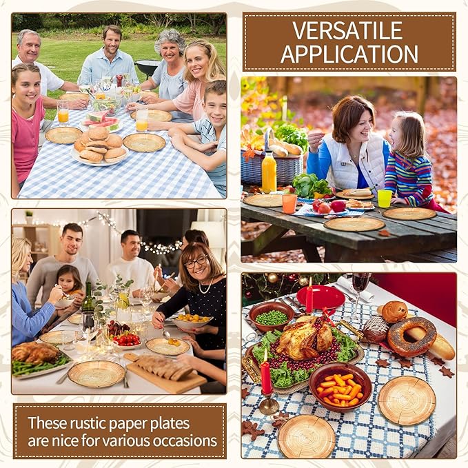 Tioncy 100 Pieces Wood Grain Paper Plates 7" 9" Rustic Wood Slice Plate Farmhouse Round Disposable Dinner Dish for Woodland Baby Shower Lumberjack Birthday Party Supplies