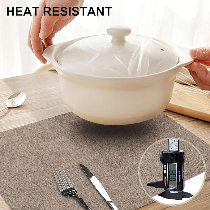 homing Faux Leather Heat Resistant Placemats 12 Packs, Waterproof Wipeable Dining PU Place Mats for Indoor & Outdoor, Easy to Clean, Camel