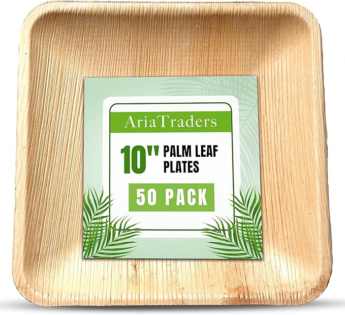Palm Leaf Plates 10 Inch (50-Pack), Square Bamboo Plates Disposable, Heavy Duty Compostable & Biodegradable Wooden Plates for Party, Catering Events, Weddings, & Dinnerware