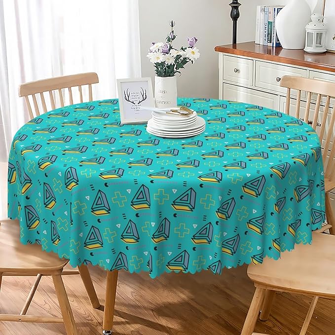 Laeacco 60 Inch Geometric Round Tablecloth Turquoise Triangle Pattern Modern Abstract Art Print Table Cloth Washable Waterproof Wrinkle Free Table Cover for Kitchen Dining Picnic Party Decoration