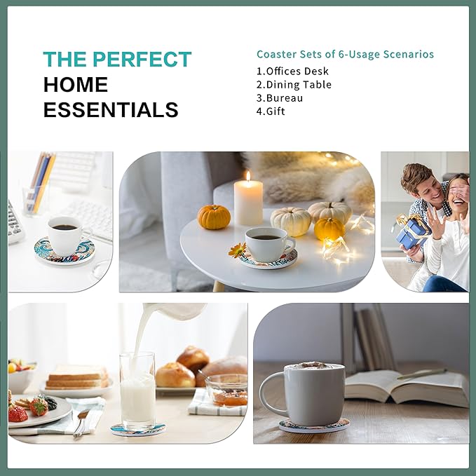 Round Absorbent Ceramic Stone Coasters, Sea Ocean Life Drinks Coasters Sets of 6, Coastal Decor Beach Theme Tropical for House Apartment Kitchen Bar Decor, Wooden Table, Coffee Table(4 Inches)
