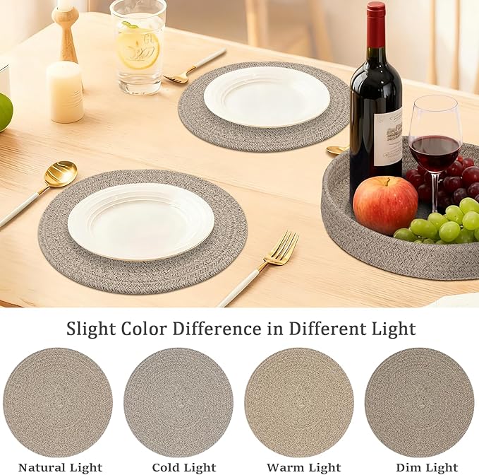 Round Placemats Set of 6 with Holder, Cotton Rope Woven Place Mats, Hot Pads for Kitchen, Heat Resistant Table Mats, 13 Inch Farmhouse Washable Braided Placemat for Kitchen Decor (Brown)