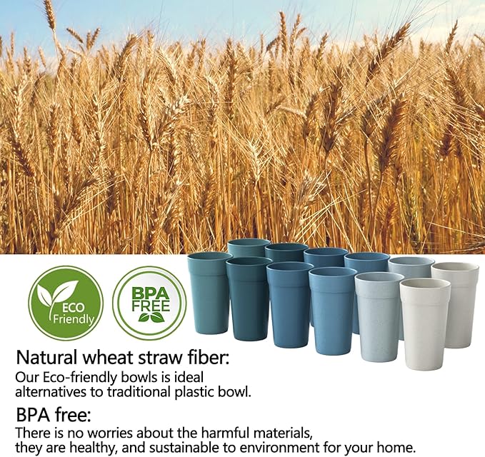 Homestockplus 20 Oz Wheat Straw Cups, Set of 12 Unbreakable Plastic Drinking Cups, Dishwasher and Microwave Safe, BPA-Free and Reusable Cups for Kitchen, Home, and Outdoor Use