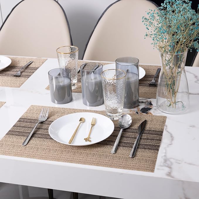 Winknowl Placemats, Set of 6 Heat Resistant Stain Resistant Woven Vinyl Insulation Place mats, Durable Washable Elegant Table Mats for Dining (Brown)