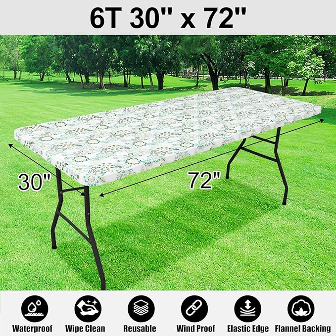 Smiry Rectangle Table Cloth Cover, Waterproof Elastic Fitted Picnic Tablecloth for 6 Foot Tables, Wipeable Flannel Backed Vinyl Tablecloths for Camping, Dining, Outdoor (Teal & White, 30" x 72")