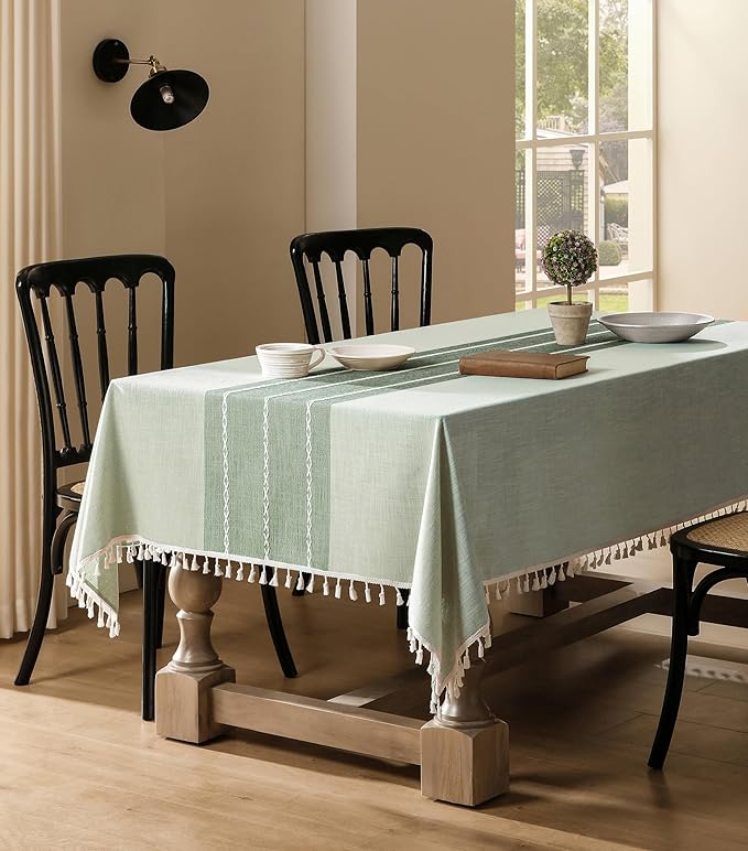 ZeeMart Contrast Linen Table Cloth Rectangle Table Cloths 52x70 Inch Green, Farmhouse Style Heavy Weight Sage Green Tablecloth, Water Resistant Burlap Tablecloths
