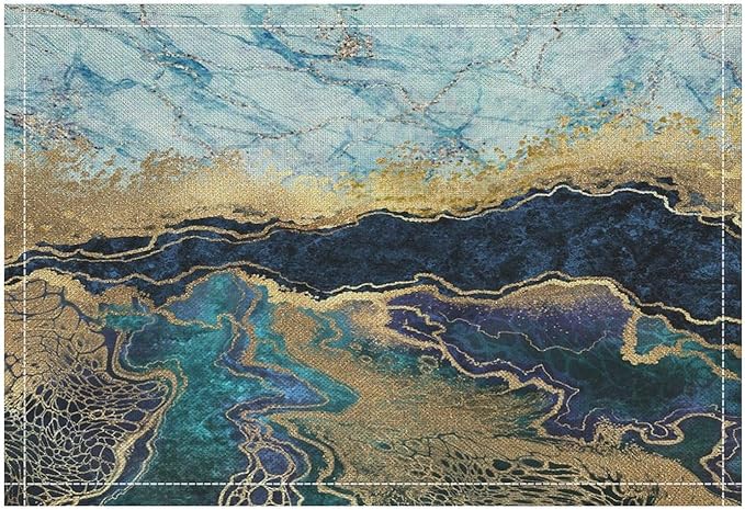 Marble Linen Placemats Set of 2, Modern Luxury Foil Cracked Texture Blue Gold Marble 12x17 Inch Washable Table Mats Non Slip Placemats for Wedding Party Kitchen Banquets Dining Decoration