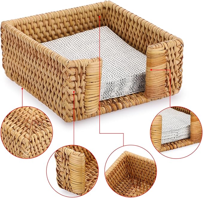 Sumnacon Napkin Holder,Square Rattan Napkin Holder Table Wicker Countertop,Cocktail Napkin Holders Rustic Napkin Holders for Kitchen Dining Table Counter Vintage Napkin Basket for Picnic Wedding Party