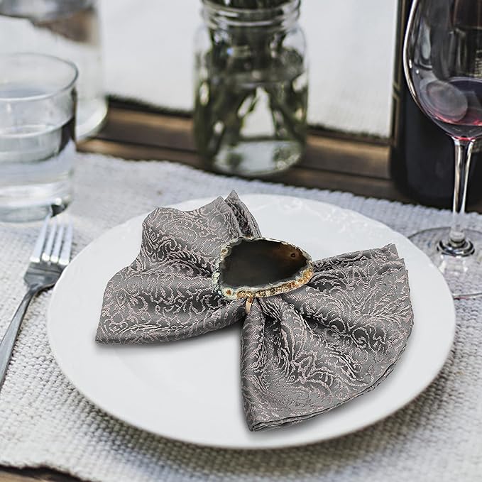 CozyTower Agate Napkin Rings Set of 4, Gold Napkin Holders for Cloth Napkins, Unique Wedding Decorations Napkin Ring Kitchen Accessories for Dinner Party (Black Agate)