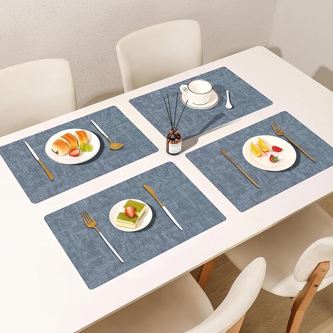 Faux Leather Placemats Set of 6, Heat Resistant Wipeable Washable Vinyl Place Mats, Waterproof Anti-Slip Dining Table Mats, Suitable for Indoor & Outdoor Use (Blue)