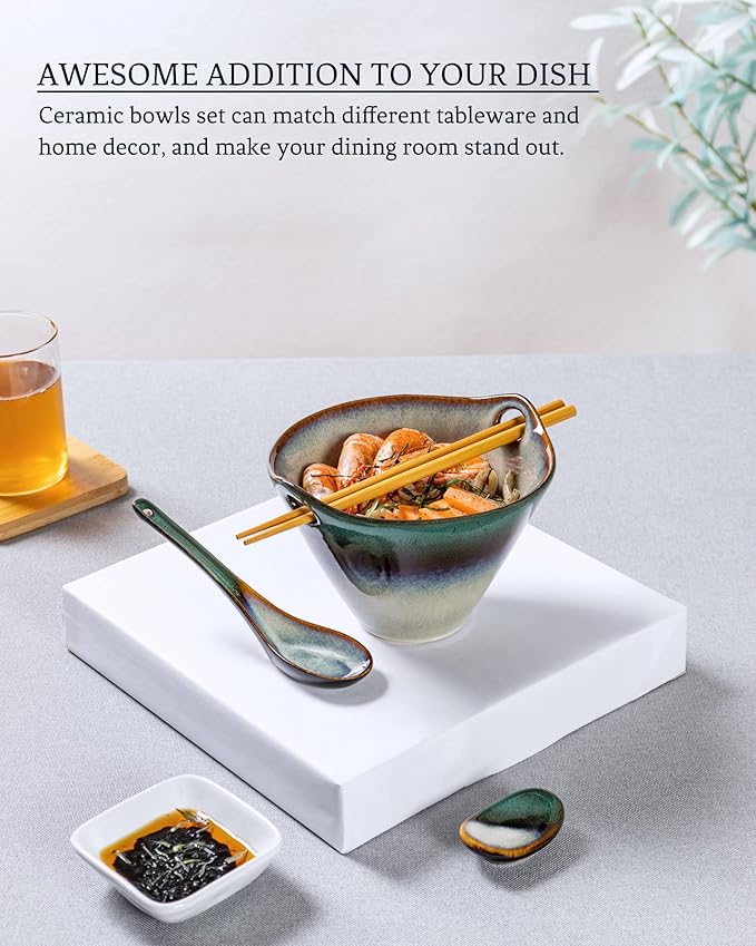 HENXFEN LEAD Japanese Ramen Noodle Bowls Set of 2 - Deep Ceramic Soup Bowls with Spoons, Chopsticks and Holder, 20 Oz Serving Dishes for Pho, Udon Noodle, Cereal - Reactive Green