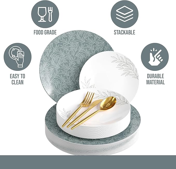 Trendables Fancy Plastic Dinnerware Sets 100 Pc Set 20 Guests Gold Silverware Disposable 20 X 10 Inch Charger Plates 20 X 8 Inch Dessert Plates 20 x Gold Plastic Forks and Spoons Knives In Aleh