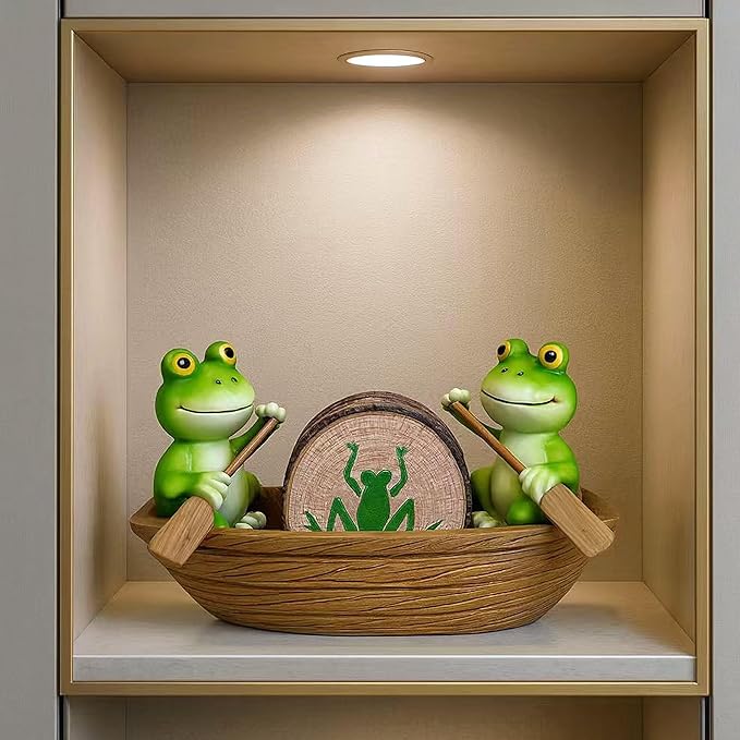 Frog Coasters Set of 6 Rustic Coasters in Handmade Canoe Drink Coffee Mug Wine Beer Bar Round Table Decorative Cute Log Cabin Decor for The Home