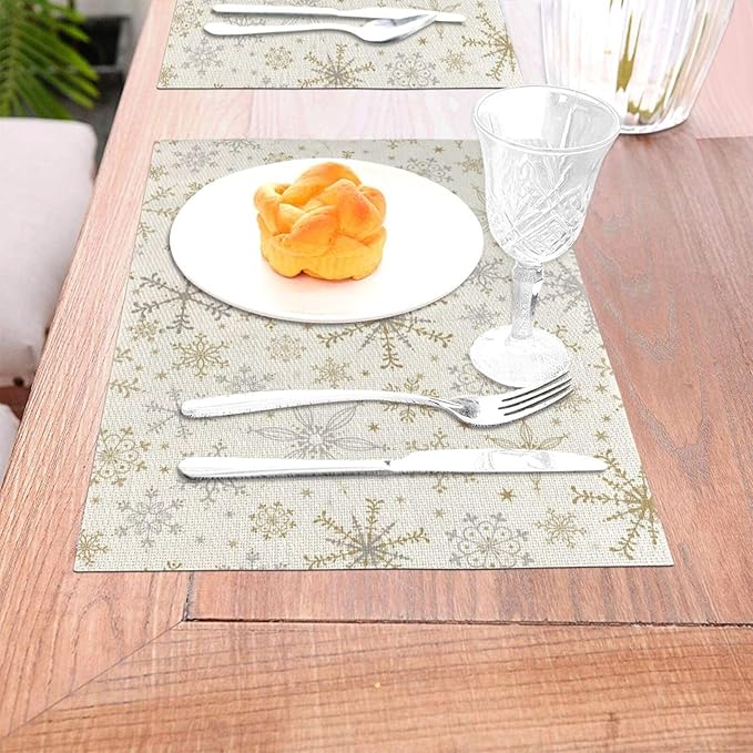 Christmas Place mats Set of 4, 12x18 Inches Gold Gray Snowflake Decorative Placemats Rectangle Winter Table Mats for Party Home Kitchen Dining Table Decoration