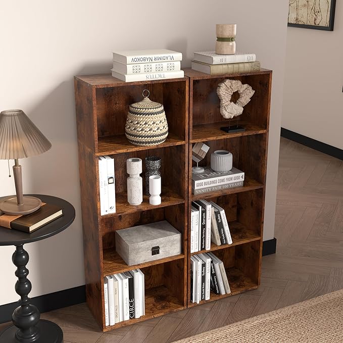 Wooden 4 Cube Storage Organizer, 4 Tier Tall Vintage Bookshelf Freestanding Storage Display Organizer, Versatile Cubes Shelf and Cubby Unit for Living Room, Bedroom, Home Office 15.7inch