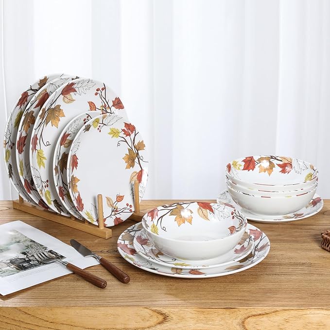 Melamine Dinnerware Sets 12 Pcs, Melamine Plates and Bowls,Party Plates and Bowls Sets, Camping Dishes Set for 4, Unbreakable, BPA Free, Dishwasher Safe（Yellow Maple Leaves）