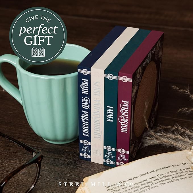 Steel Mill & Co Book Coaster Set of 4, Classic Wood & Cork Drink Coasters with Decorative Paper-Wrapped Storage Box for Aesthetic Coffee Table Decor for Book Lovers (Jane Austen)