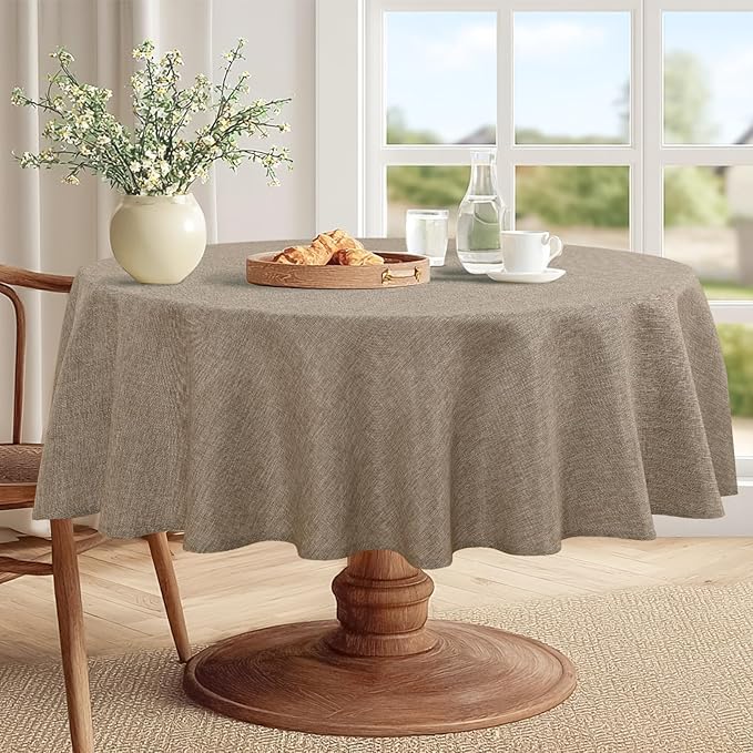 JIUZHEN Round Table Cloth Faux Linen Farmhouse Tablecloth Wrinkle and Stain Resistant Decorative Fabric Table Cover for Kitchen, Dining Room, Parties and Camping, Khaki, 90 Inch Round