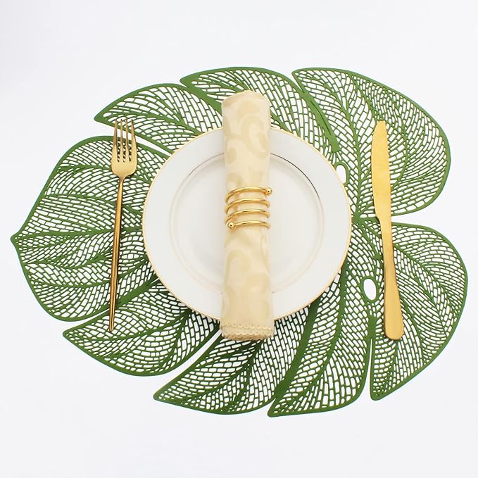 Evevda Green Leaf Shaped Vinyl Placemats for Dinner Table Set of 4 Plastic Green Place Mats Wipeable 6Pcs Table Mats for Wedding Annersary Dinner Table Decoration Mats