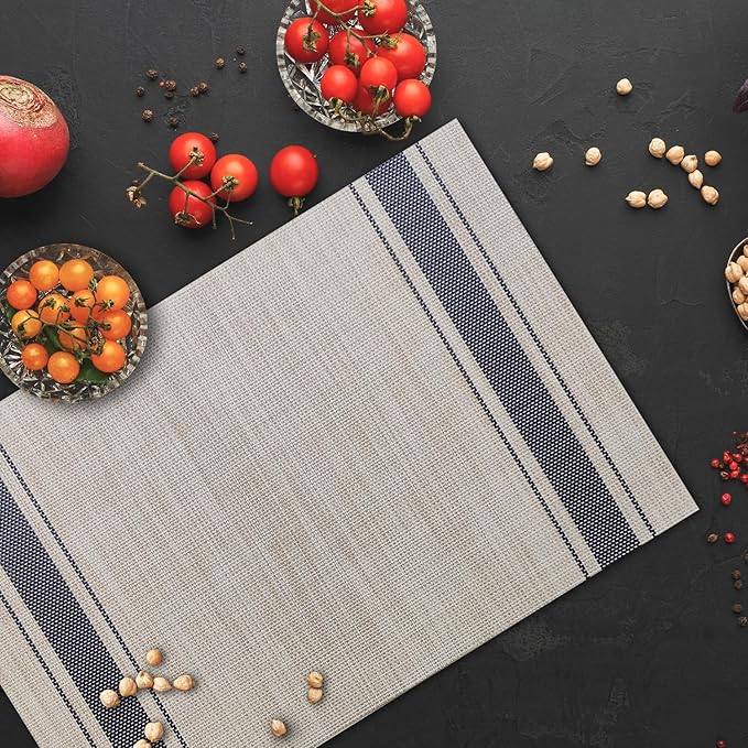Placemats Set of 4 Vinyl Washable Blue Placemats, 18"x12" Wipeable Heat-Resistant Non-Slip Easy Clean Table Mats Ideal for Dining Table Table Runner and Outdoor (4, Blue Wide Stripe)