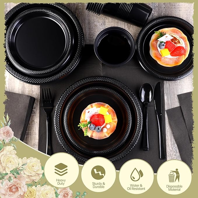 Kochorie 240 Pieces Black Plastic Dinnerware Set for 30 Guests Disposable Heavy Duty Plates Napkins Cups and Silverware Dessert Dinner Plates for Birthday Wedding Halloween Party Supplies