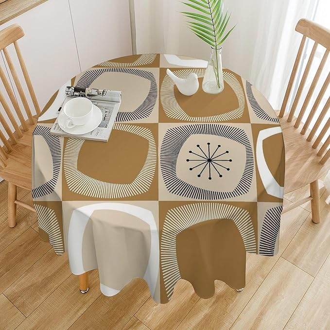 Mid Century Round Tablecloth, Retro Geometric Colorful Squares Abstract Boho Vintage 50s 60s Tablecloth for Home Party Dining Room Kitchen Decor 36Inch(90cm)