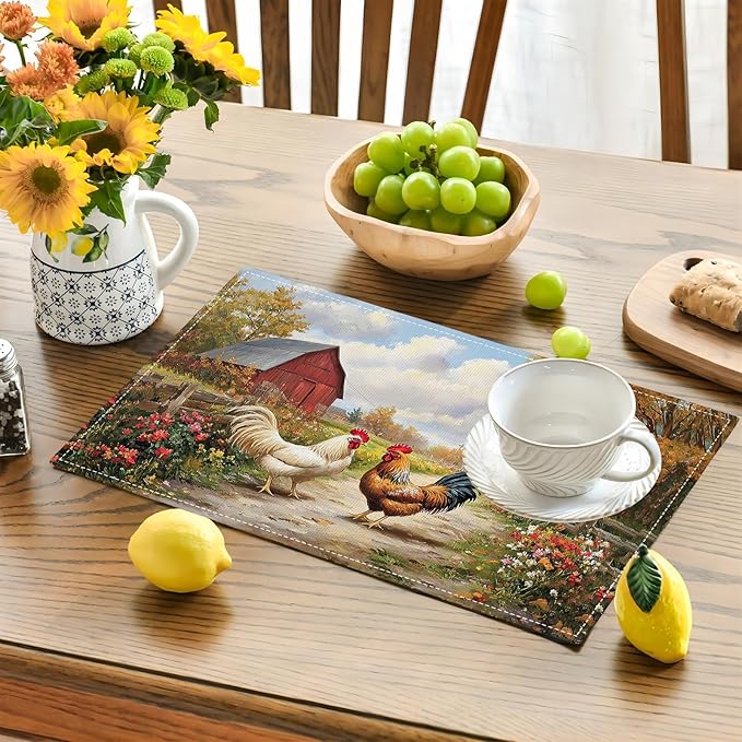 Farmhouse Rooster Placemats Set of 6, Farm Chicken Place Mats, Rustic Farm Coop Waterproof Washable Table Mats for Home Party Indoor Kitchen Dining Table Decoration 12x18 Inch