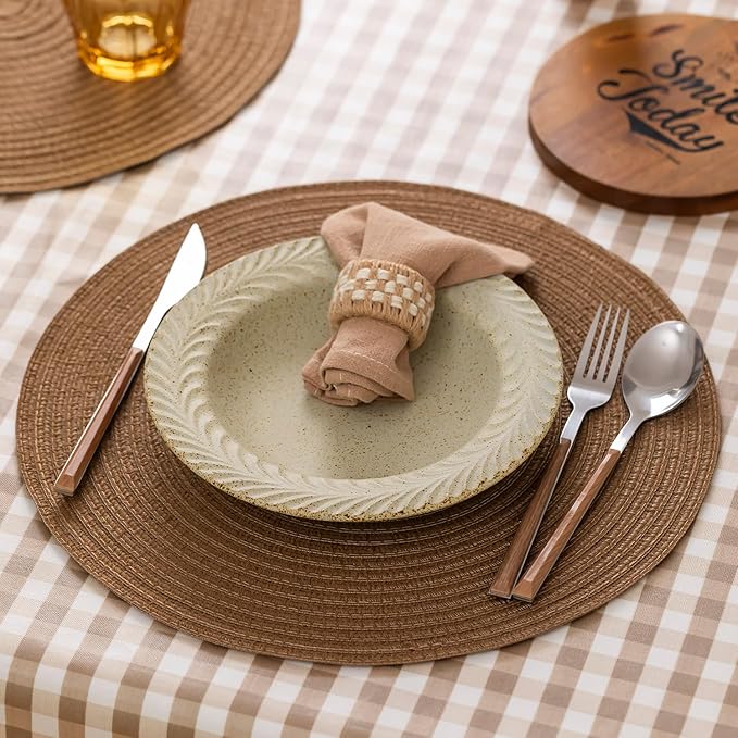 Round Placemats Set of 4 Woven Placemats Washable Braided Table Mats for Dining Table Heat Resistant Non-Slip Circle Place Mats(Brown)