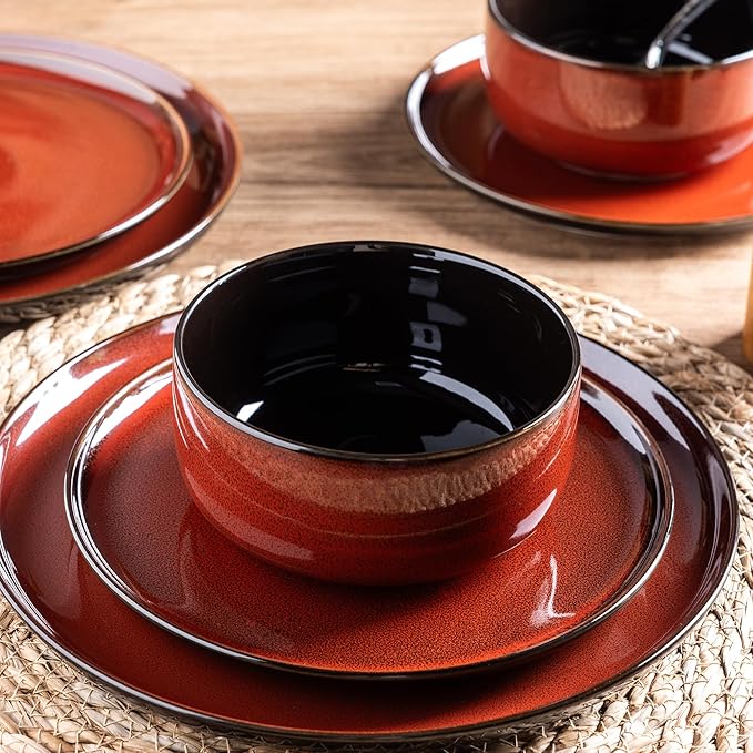 LeRatio Ceramic Dinnerware Sets for 4,Porcelain Plates and Bowls Sets,Handmade Reactive Glaze Dishes Set,Chip Resistant and Scratch Resistant | Oven&Dishwasher & Microwave Safe,Service for 4-Red