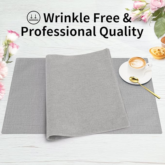 Cloth Placemats, Set of 4 Heat-Resistant Cotton Linen Blend Double Layered Machine Washable Place Mats, Wrinkle Free Thick Fabric Dining Table Mats for Indoors & Outdoors (Light Grey, 4)