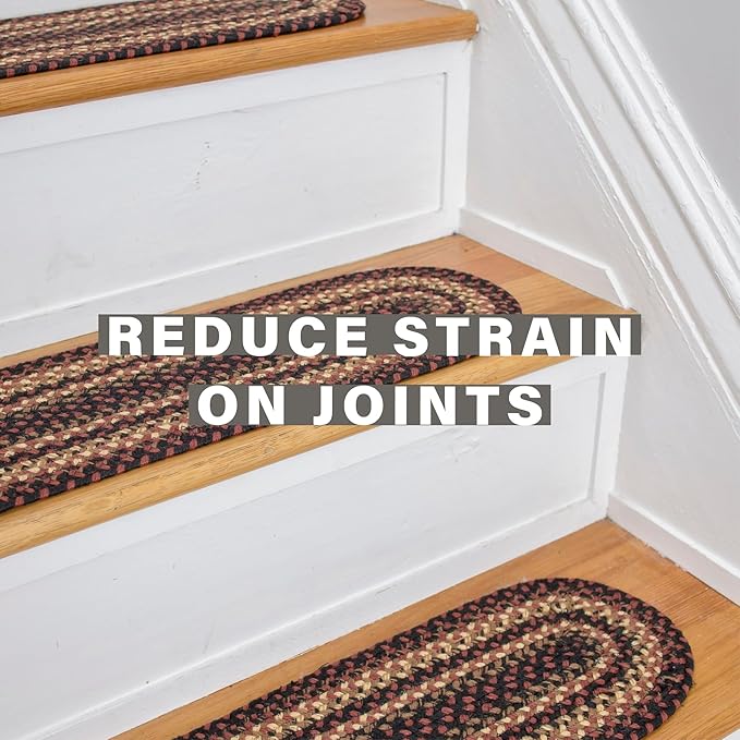 Homespice Prescott Jute Braided Staircase Step Treads, Country Primitive Decor, Set of 13, Black and Red 8x28 Oval Rug for Stairs - Easy to Clean, Tightly Stitched and Durable