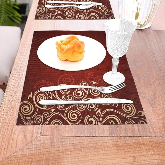 Burgundy Placemats Set of 4 Swirls Ivy Image Ombre Details Wipeable Table Mats Flower Art Reusable Washable Red Floral PVC Rectangle Place Mats for Kitchen Dining Home Decor 12x18 Inches