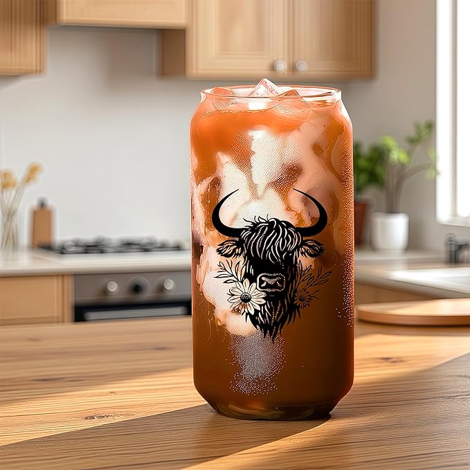 Cute Highland Cow Glass Cup With Lids And Straws, Highland Cow Gift For Women, Iced, Coffee, Smoothie, Cocktail, Beer, Whiskey, Soda, Matcha,16 Oz, Home Office Table Desk Decoration!