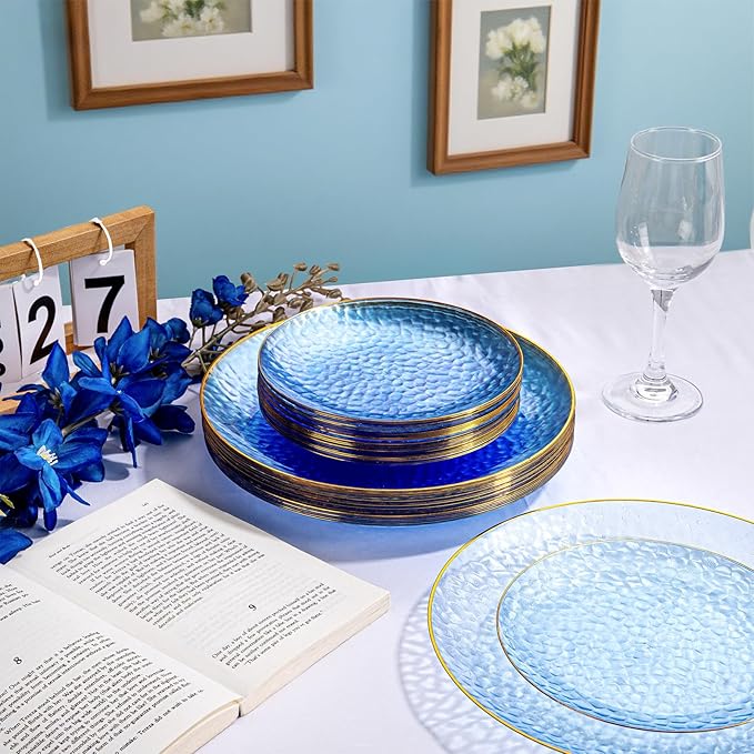 DaYammi 60PCS Blue Gold Plastic Plates - 10 inch Blue Plastic Dinner Plates - Hammer Pattern Design - Fancy Clear and Gold Disposable Plates Ideal for Wedding & Party