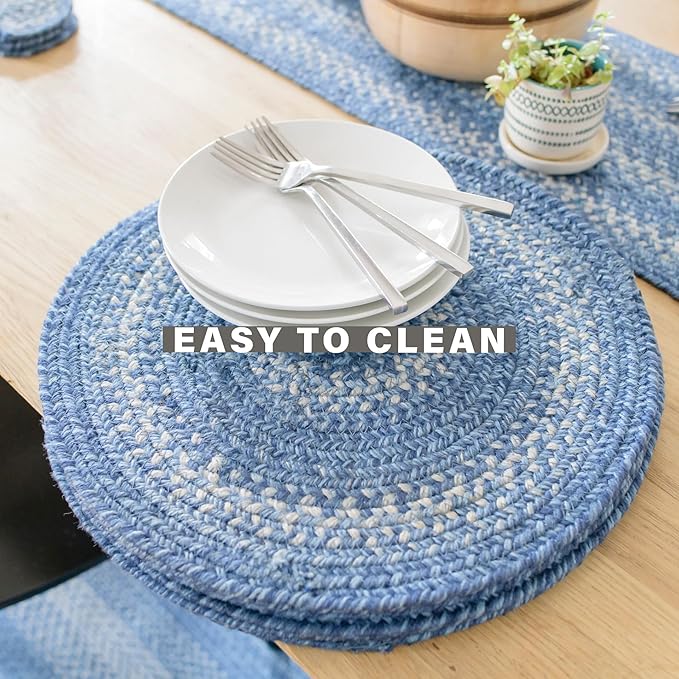 Homespice Denim Premium Jute Braided Placemat Set of 4 Oval 10x15 Blue, Navy, White Reversible, Natural Jute Yarn Rustic, Country, Primitive, Farmhouse Style