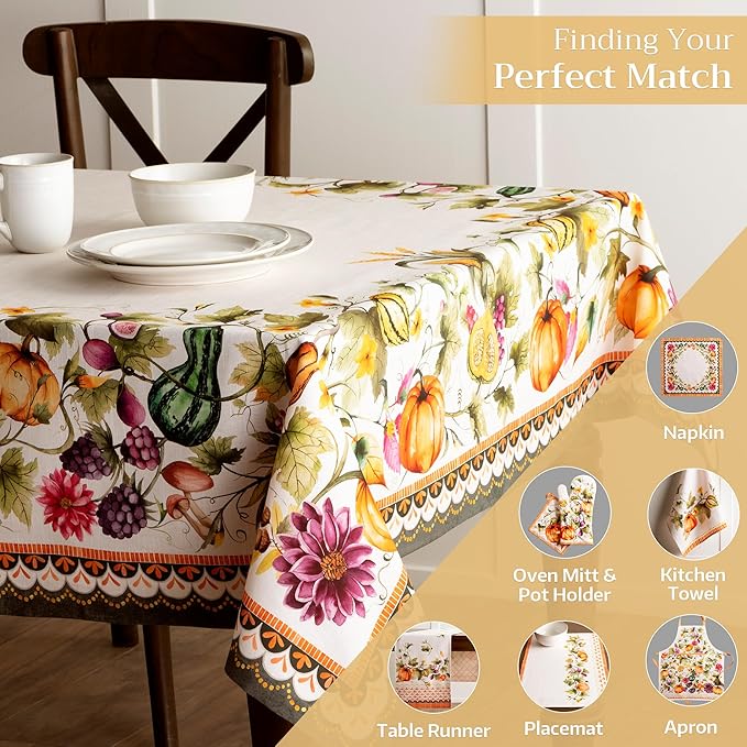 Maison d' Hermine Table Cloth Square Table 100% Cotton 54 x 54 Inches Fall Tablecloth Reusable Everyday Use for Thanksgiving Christmas Decorations Dining Farmhouse (Pumpkin Garden - Cloudy Cream)