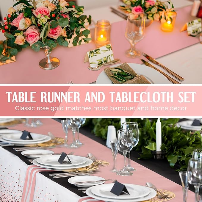 Breling 8 Pack White and Rose Gold Disposable Plastic Tablecloths and Satin Table Runner Set, 54 x 108 Inch Tablecloth, 12 x 108 Inch Table Runners for Wedding Graduation Birthday Baby Shower New Year