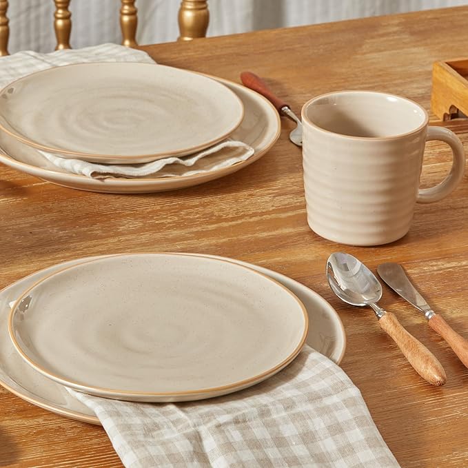 Bico Light Beige 10 inch Stoneware Dinner Plates Set, Set of 4, Microwave and Dishwasher Safe, for Main Course, Steak, Pasta