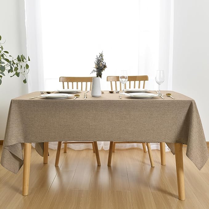 JIUZHEN Faux Linen Farmhouse Tablecloth Rectangular, Wrinkle Stain Resistant Table Cloth Rectangle Table Cover for Kitchen Dining, Holiday Party Dinner, Khaki, 60 x 102 Inch