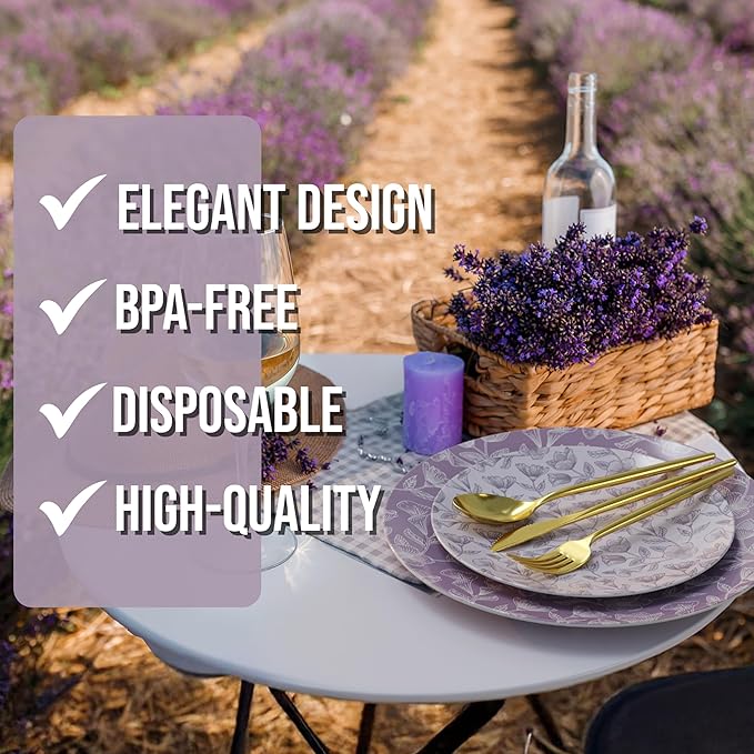 Trendables Fancy Plastic Dinnerware Sets 100 Pc 20 Guests Gold Silverware Disposable 20 X 10 Inch Charger Plates 20 X 8 Inch Dessert Plates 20 x Gold Plastic Forks and Spoons Knives In Blossom Circle