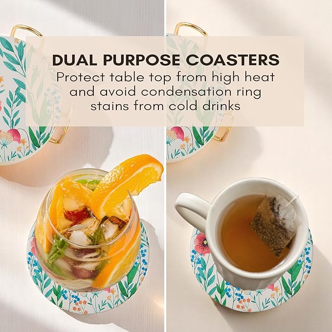 Ceramic Absorbent Floral Coasters Set of 6 with Holder, Drink Coasters for Coffee Table, Water-Absorbing Stone Coasters (Blossom)