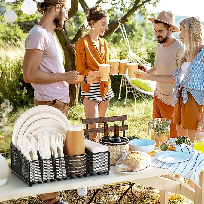 Large Paper Plate and Silverware Caddy for Kitchen Countertop Party Picnic Camping Buffet, Utensil Holder Flatware Organizer for Paper Plate Cup Napkin Plastic Cutlery, Black