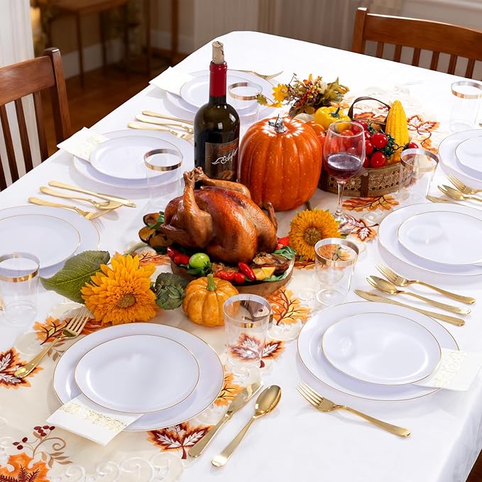 YOUBET 175PCS Gold Rimmed Plastic Plates - White and Gold Disposable Plates Includes 25 Dinner Plate, 25 Dessert Plate, 75Silverware, 25 Cups, 25 Napkins for Wedding & Party