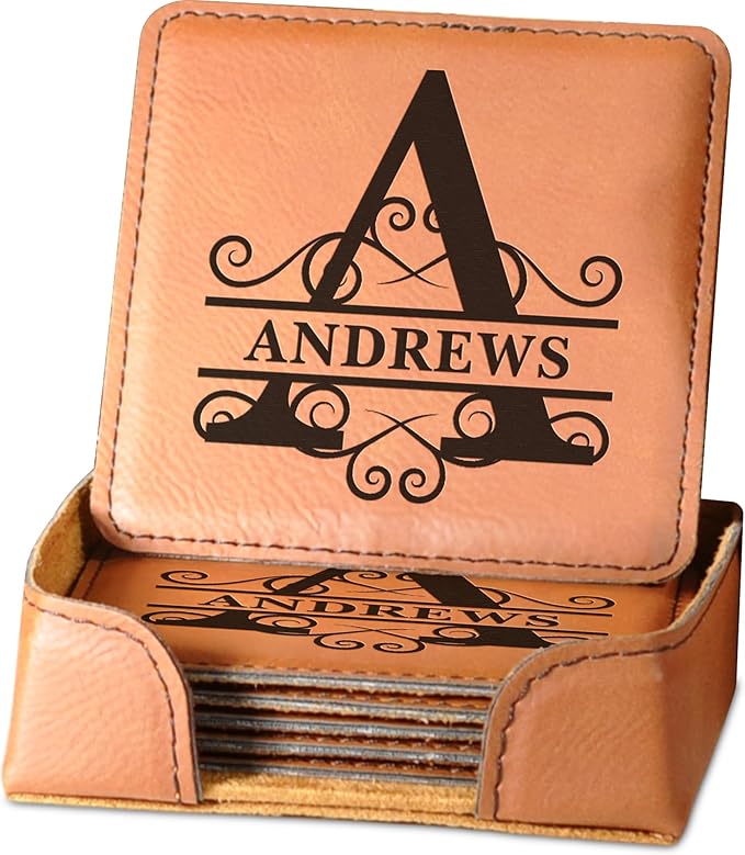 Personalized Leatherette Coasters - Set of 6 Engraved Name Monogram Coasters with Holder - Custom Gifts for Men - Personalized Bar Coasters for Him - Personalized Birthday