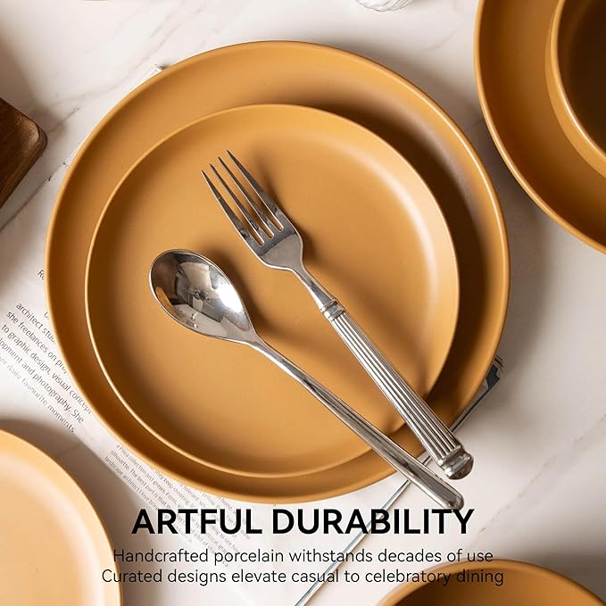 12-Piece Stoneware Dinnerware Set with Mugs | Microwave and Dishwasher Friendly | Stackable Matte Glaze Plates & Bowls | Service for 3 (Orange for 3)