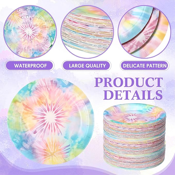 60 Pcs 7 Inch Pastel Tie Dye Birthday Party Plates Vibrant Paper Plates Colorful Party Disposable Dinnerware Decoration for Dinner Celebration Baby Shower Birthday Supplies